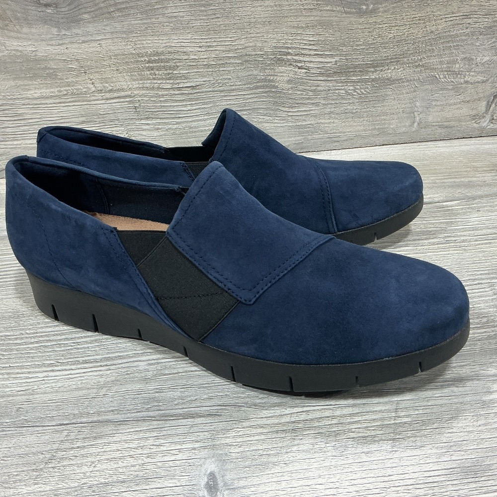 Clarks Daelyn Monarch Womens Comfort Shoes Blue Suede Wedge Loafers Size 11M NEW